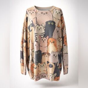 Oversized Cat Patterned Sweater/tunic, Cotton/Wool, Multicolor, XXL, GUC